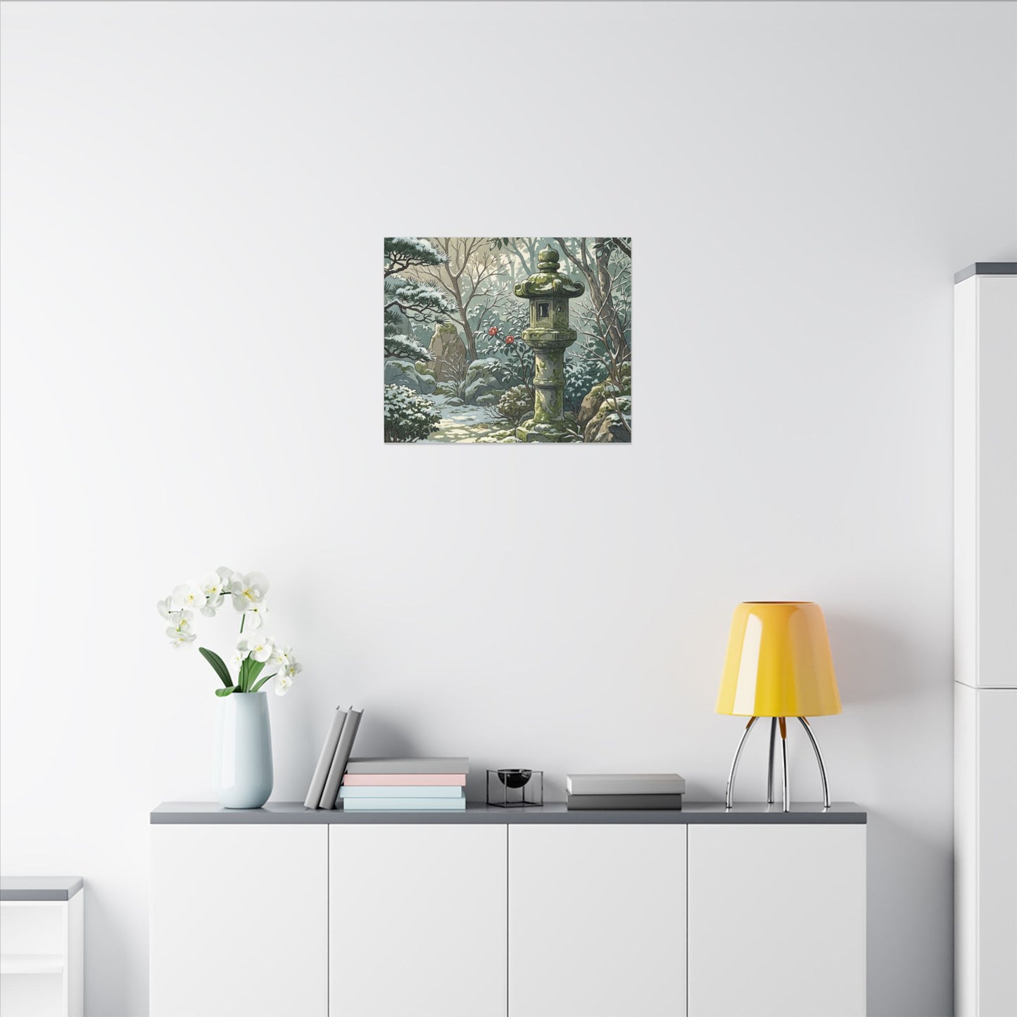 Stone Lantern Winter Canvas Art | Japandi Warm Design