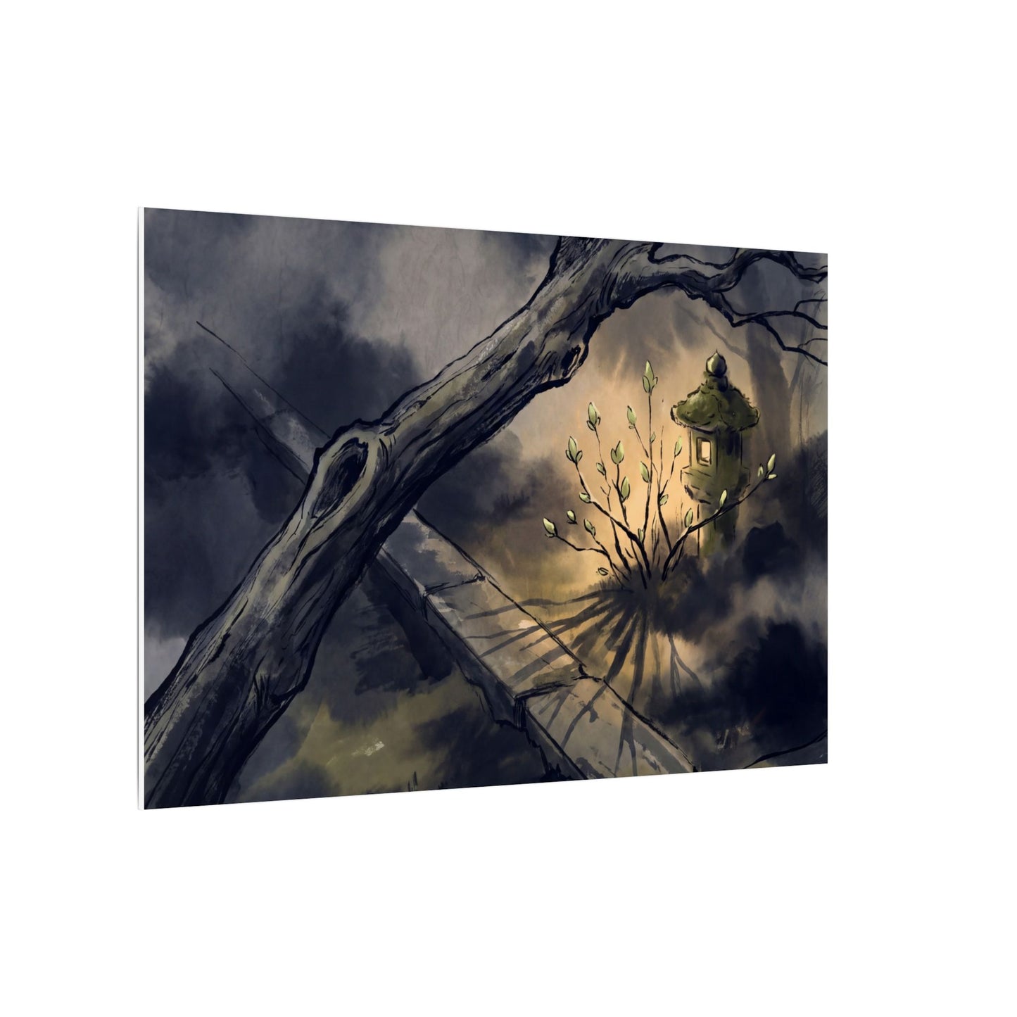 Dark Japandi Moonlit Garden in Golden Hour | Charcoal Ink Canvas Art