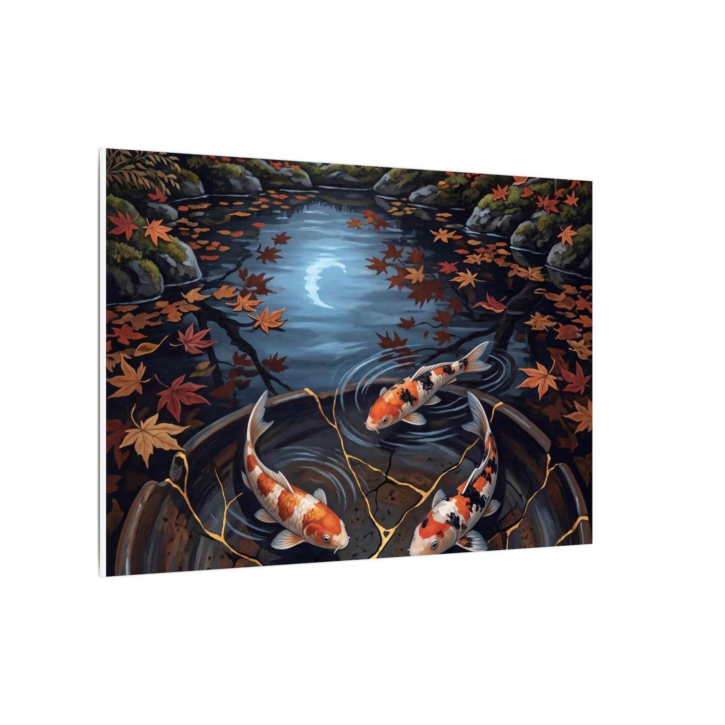 Koi Pond Canvas Art | Autumn Kintsugi Gold Repair Art
