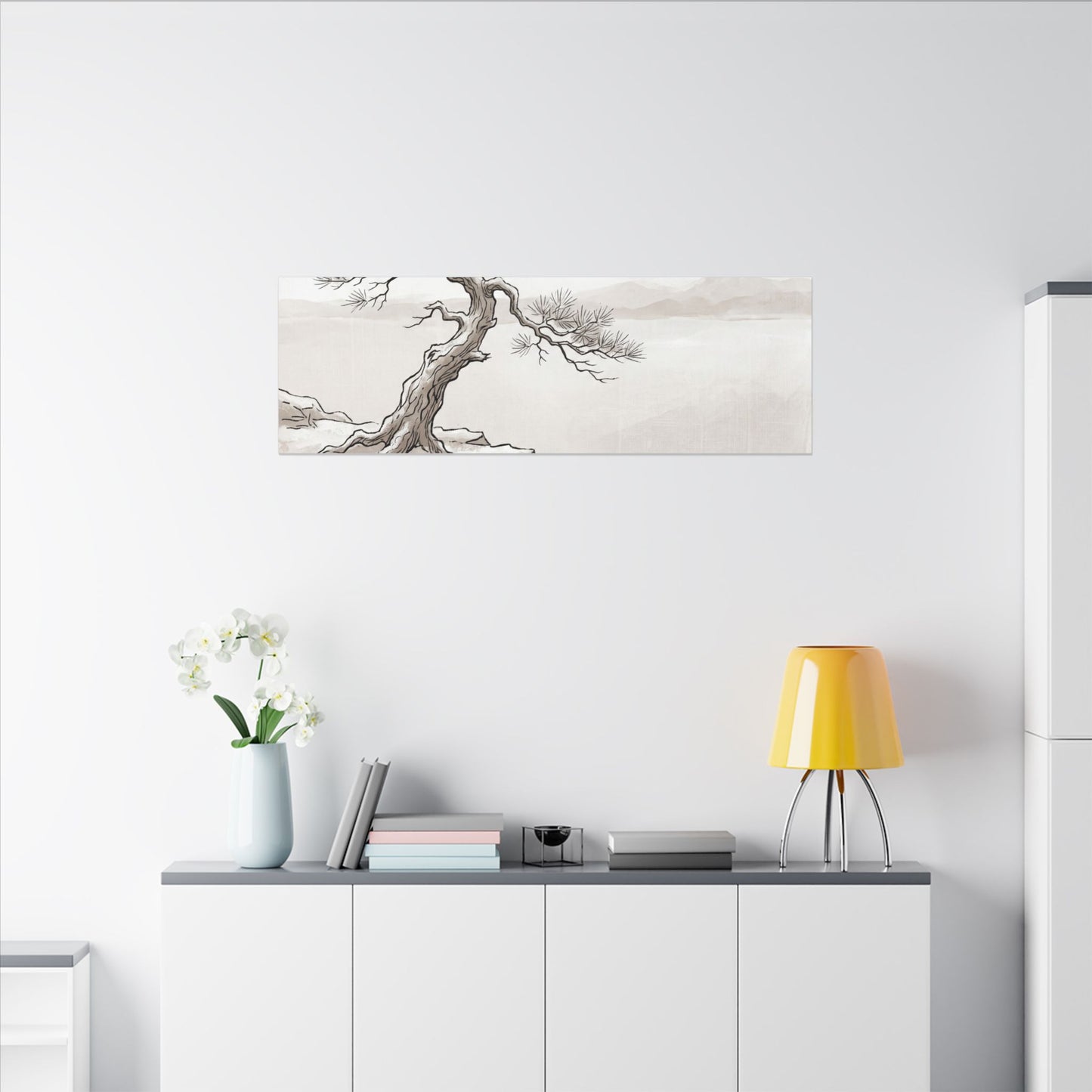Neutral Pine Tree Canvas Art - Minimal Line Japandi