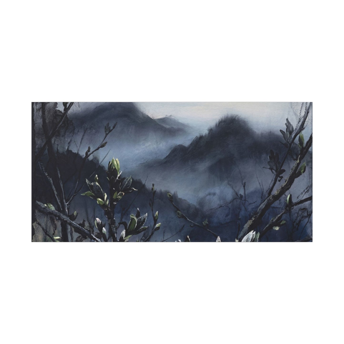 Mountain Mist Spring Canvas Art | Dark Japandi Atmospheric Design
