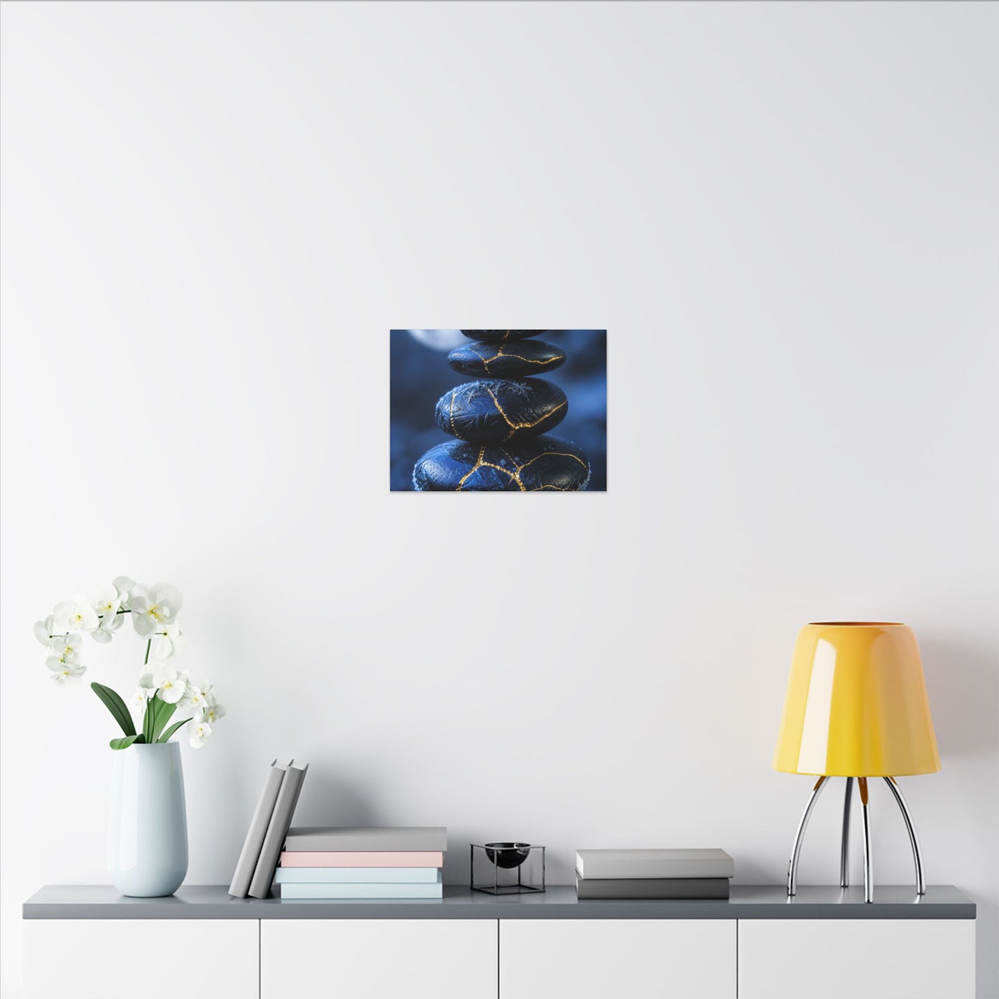River Stones Canvas Art | Winter Kintsugi Gold Repair Art