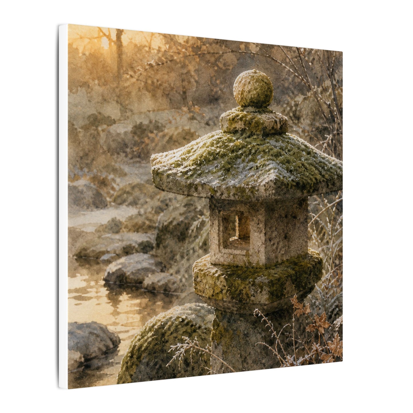 Winter Stone Lantern Watercolor Canvas Art | Earthy Decor