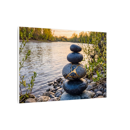 Kintsugi River Stones in Golden Hour | Gold Vein Canvas Art