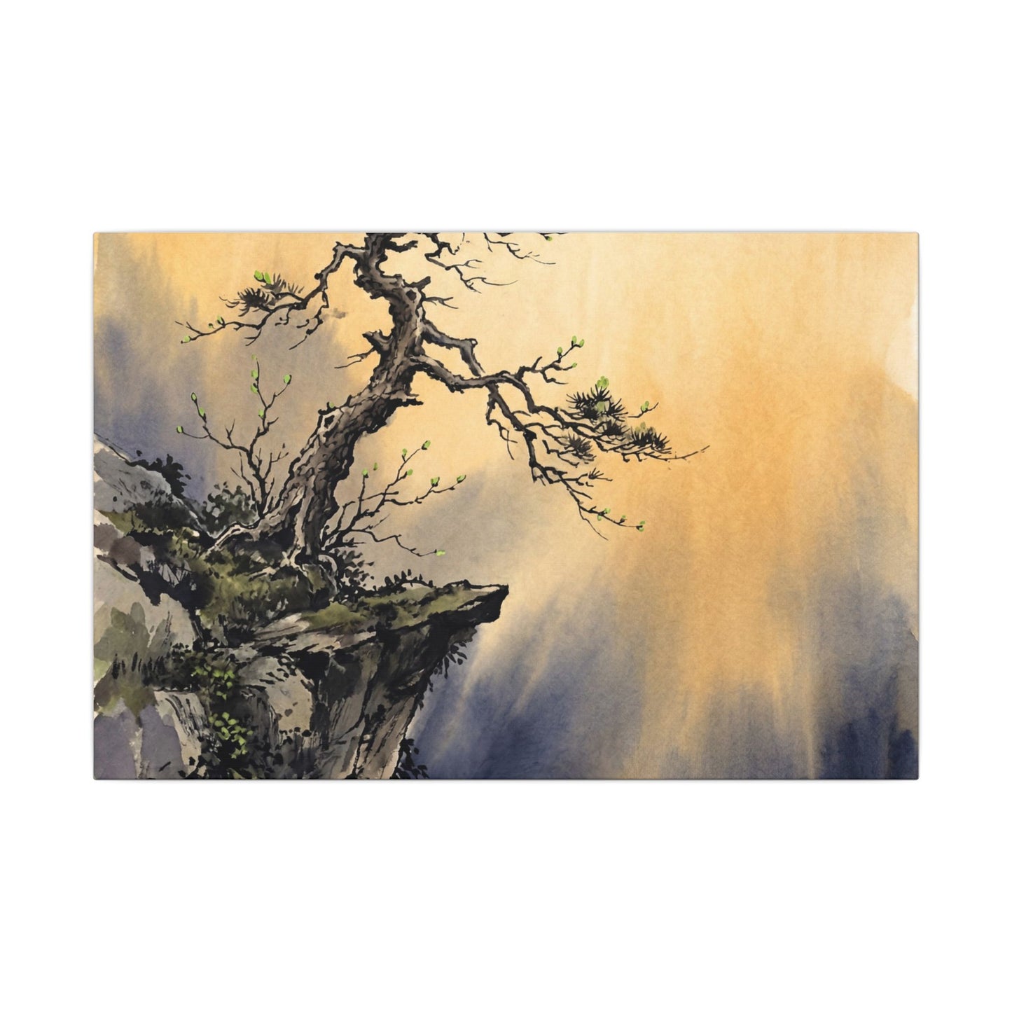 Zen Pine Tree in Golden Hour | Sumi E Canvas Art