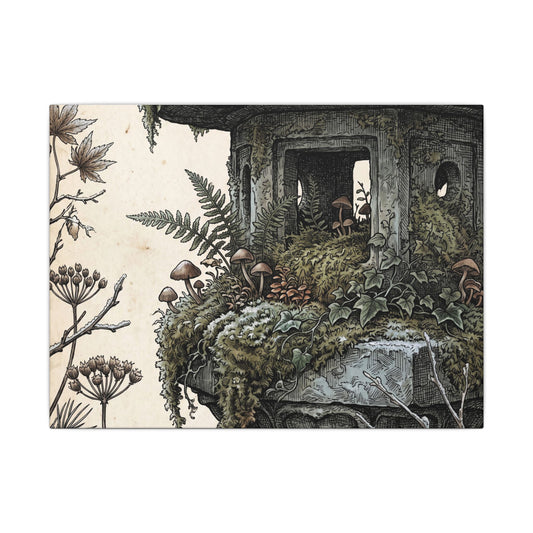 Stone Lantern Vintage Botanical Canvas Art | Earthy Cottagecore Art