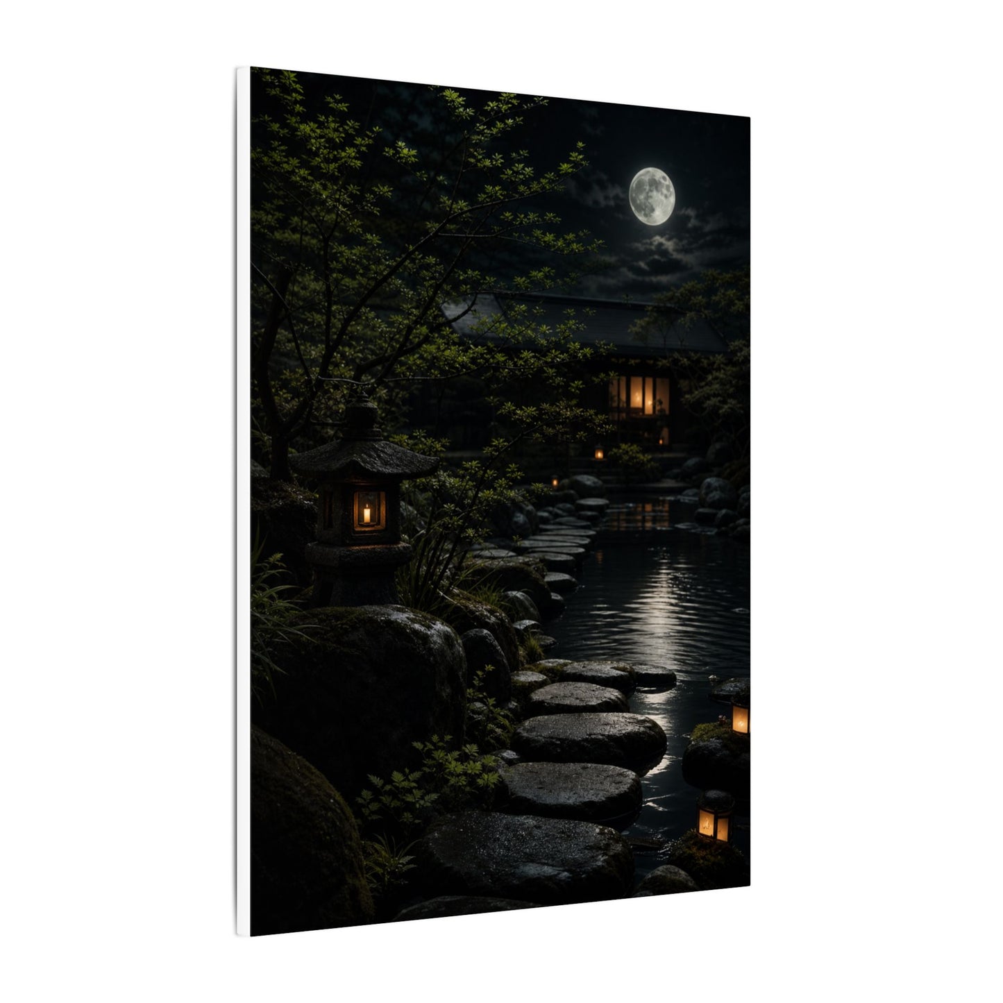 Moonlit Garden Shadow Zen Canvas Art | Sophisticated Dark Japandi Art