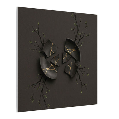 Sophisticated Broken Pottery Canvas Art - Charcoal Ink Dark Japandi