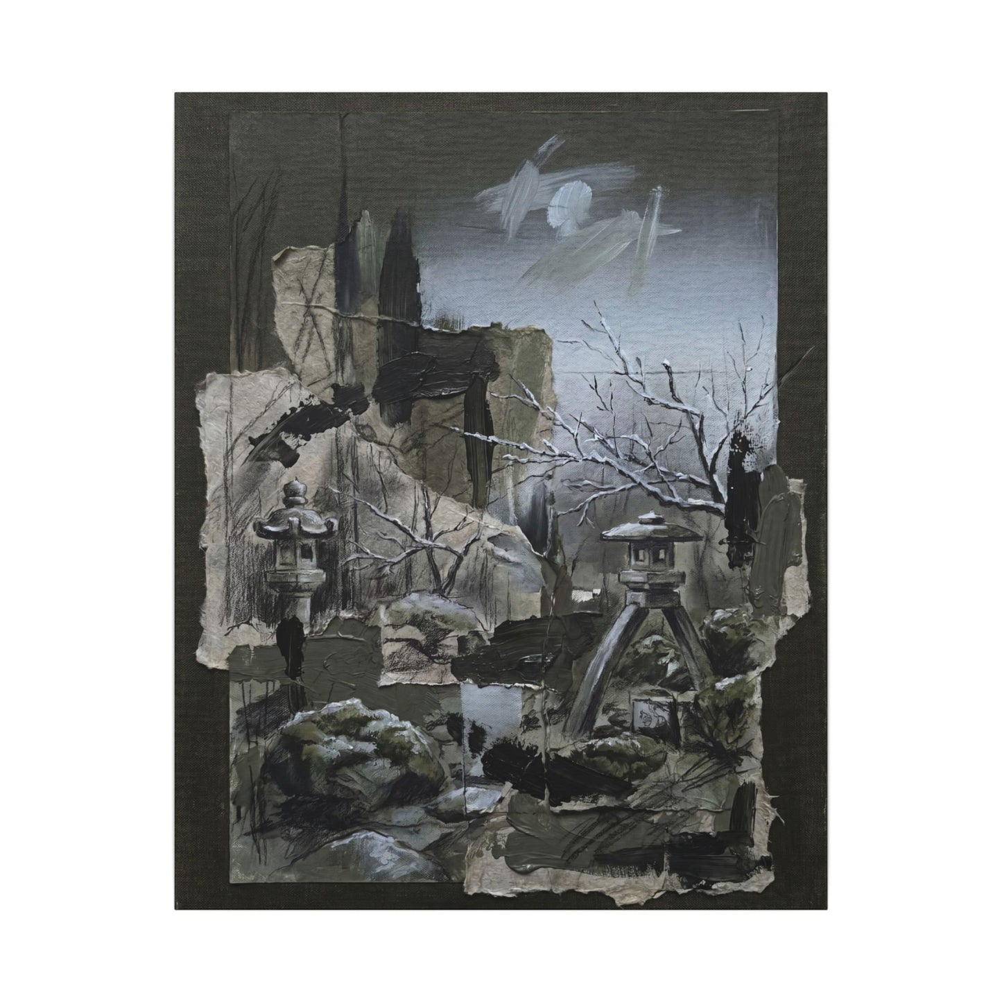 Winter Moonlit Garden Dark Texture Canvas Art | Moody Decor