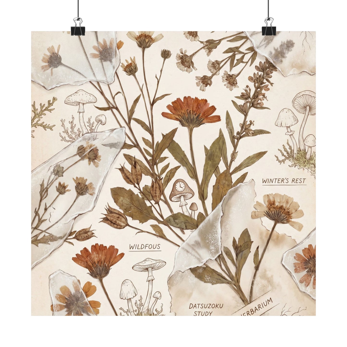 Winter Dried Flowers Herbarium Wall Art Print | Rustic Decor