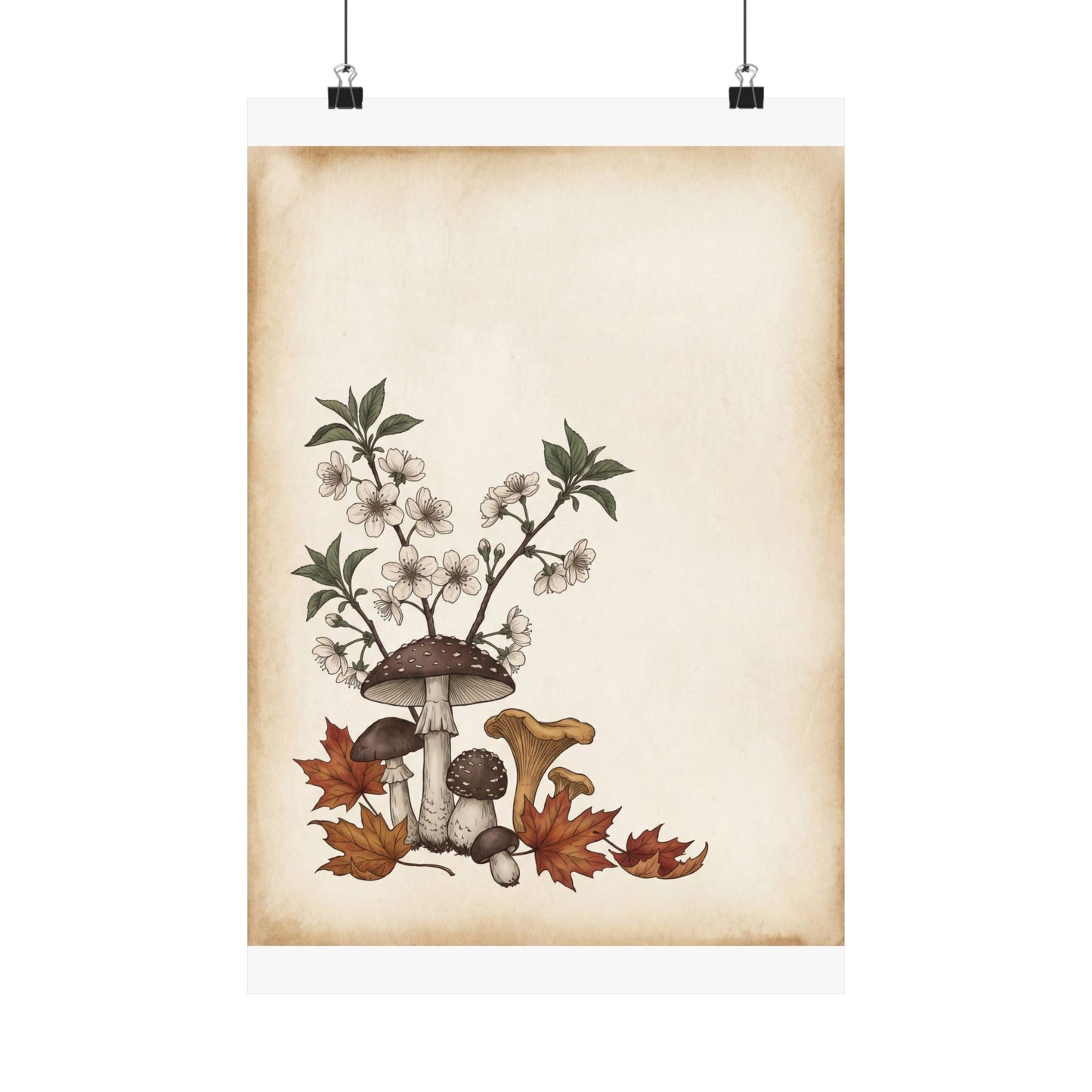 Autumn Cherry Blossom Mushroom Illustration Wall Art Print | Enchanting Decor