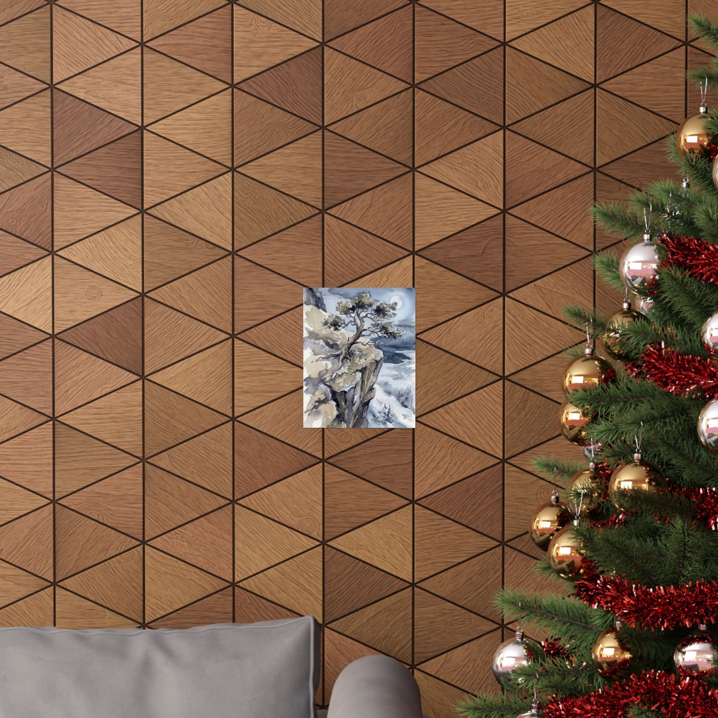 Japandi Pine Tree in Moonlight | Watercolor Wall Art Print