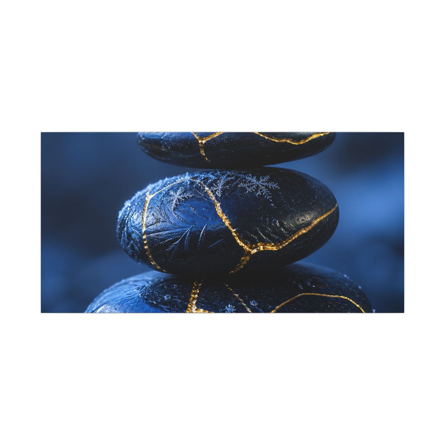 River Stones Canvas Art | Winter Kintsugi Gold Repair Art