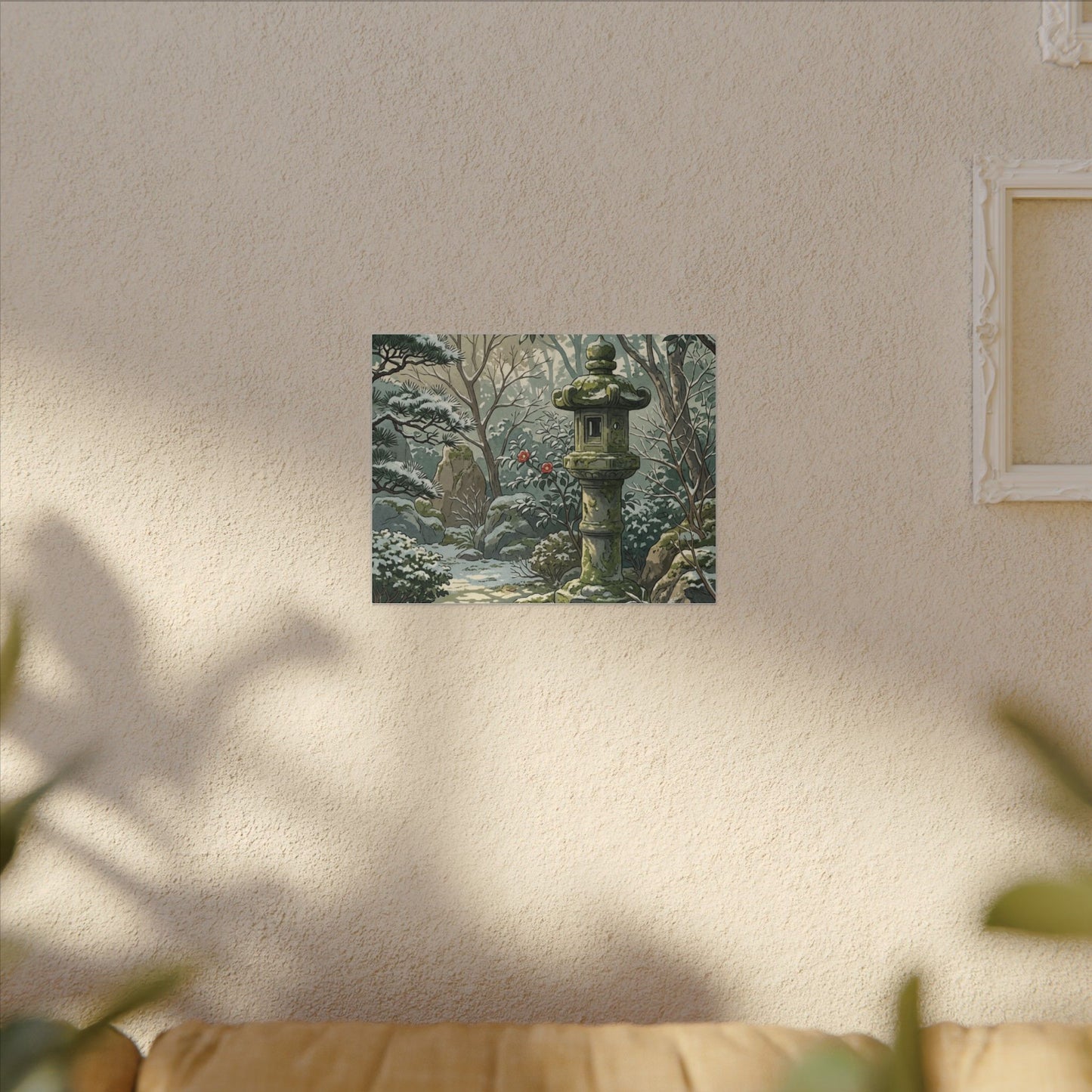 Stone Lantern Winter Canvas Art | Japandi Warm Design