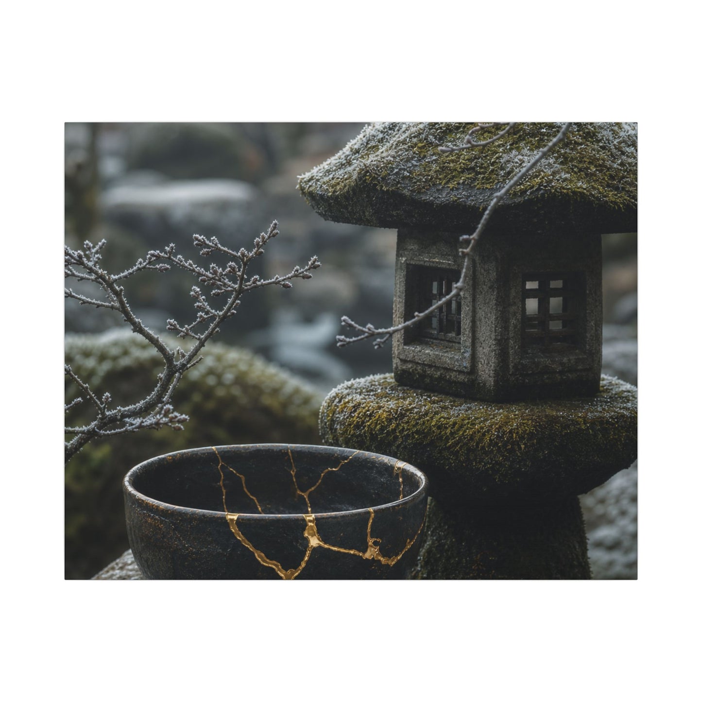 Stone Lantern Canvas Art | Winter Kintsugi Gold Repair Art