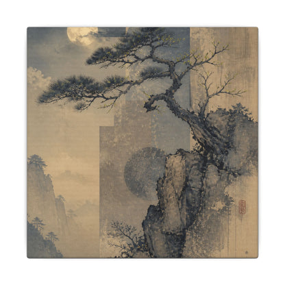 Japandi Pine Tree in Moonlight | Japanese Pattern Canvas Art