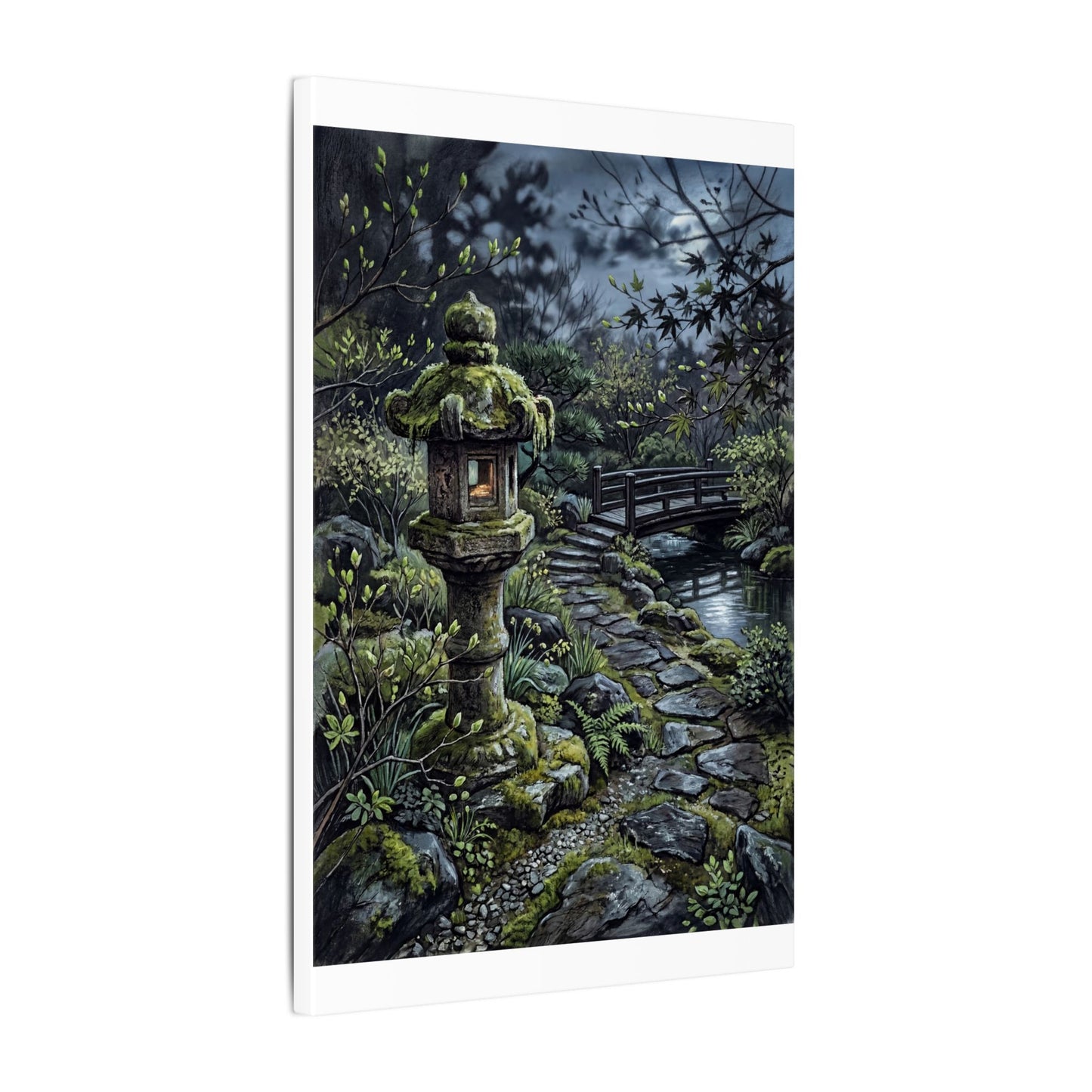 Japandi Stone Lantern in Moonlight | Texture Canvas Art