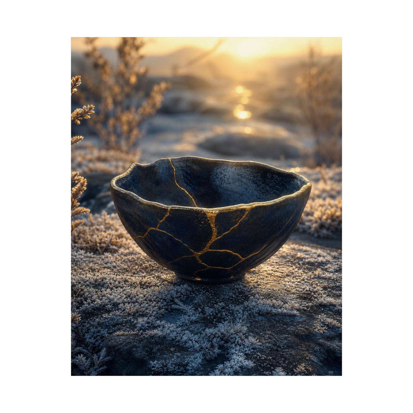 Kintsugi Ceramic Bowl in Golden Hour | Gold Repair Wall Art Print