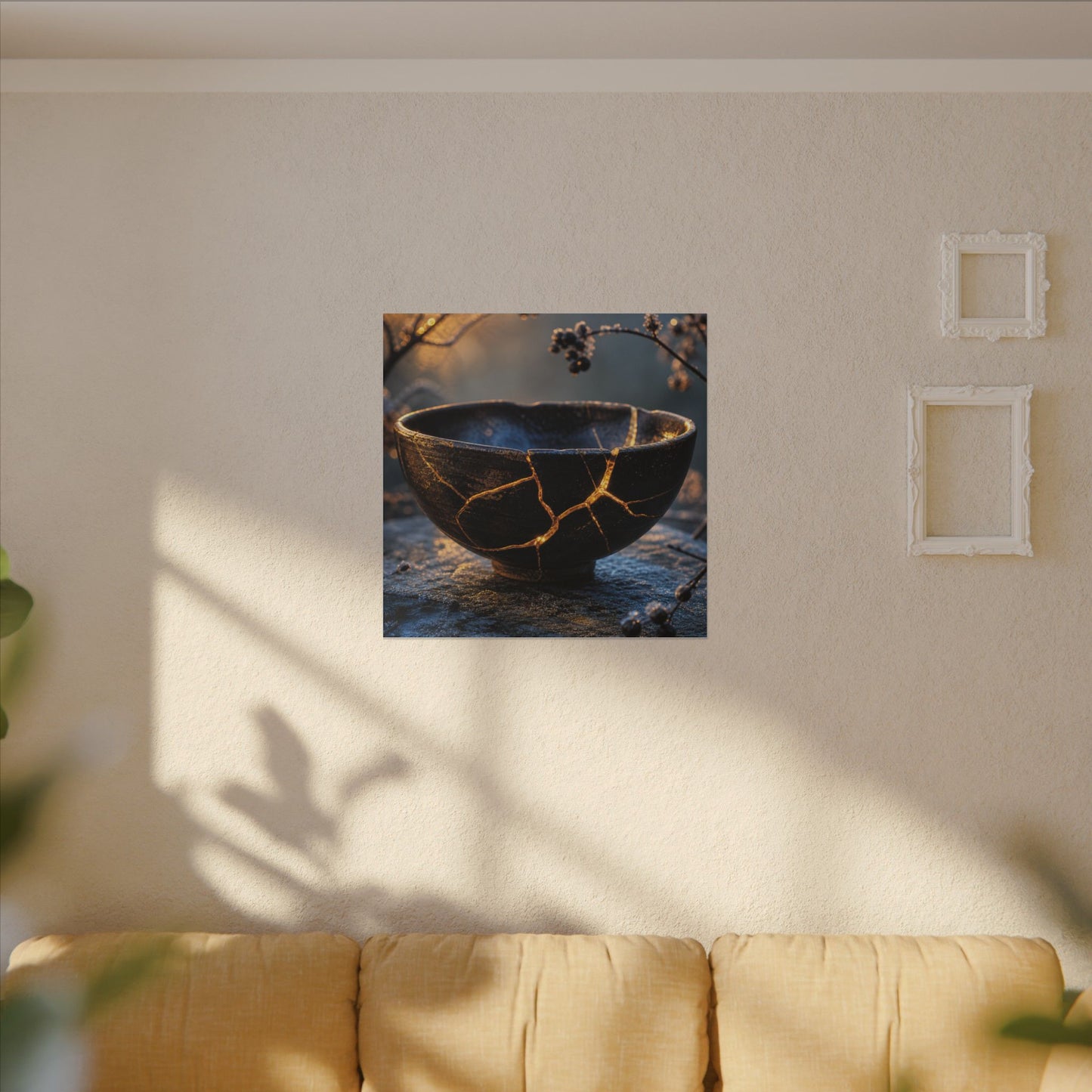 Ceramic Bowl Canvas Art | Winter Kintsugi Gold Repair Art