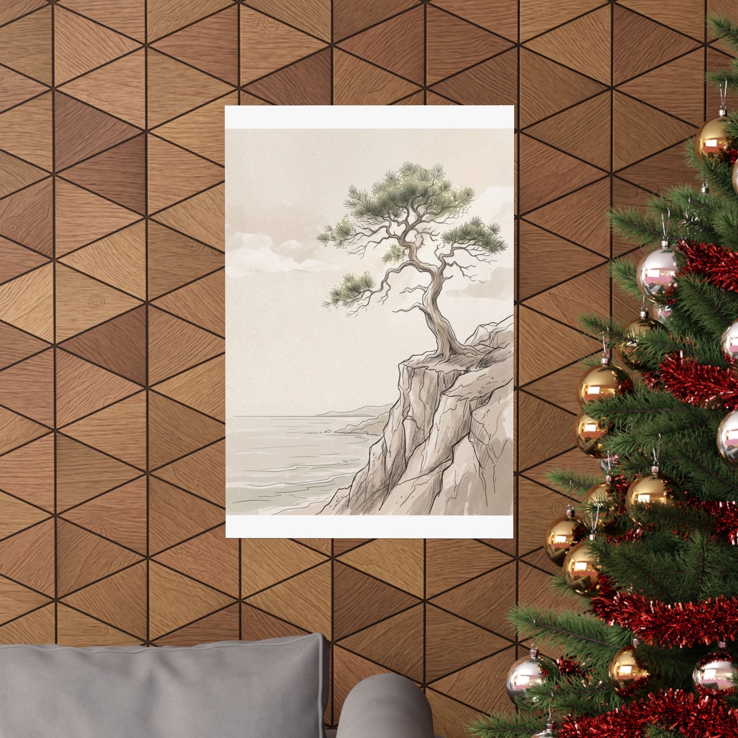 Neutral Pine Tree Wall Art Print - Minimal Line Japandi