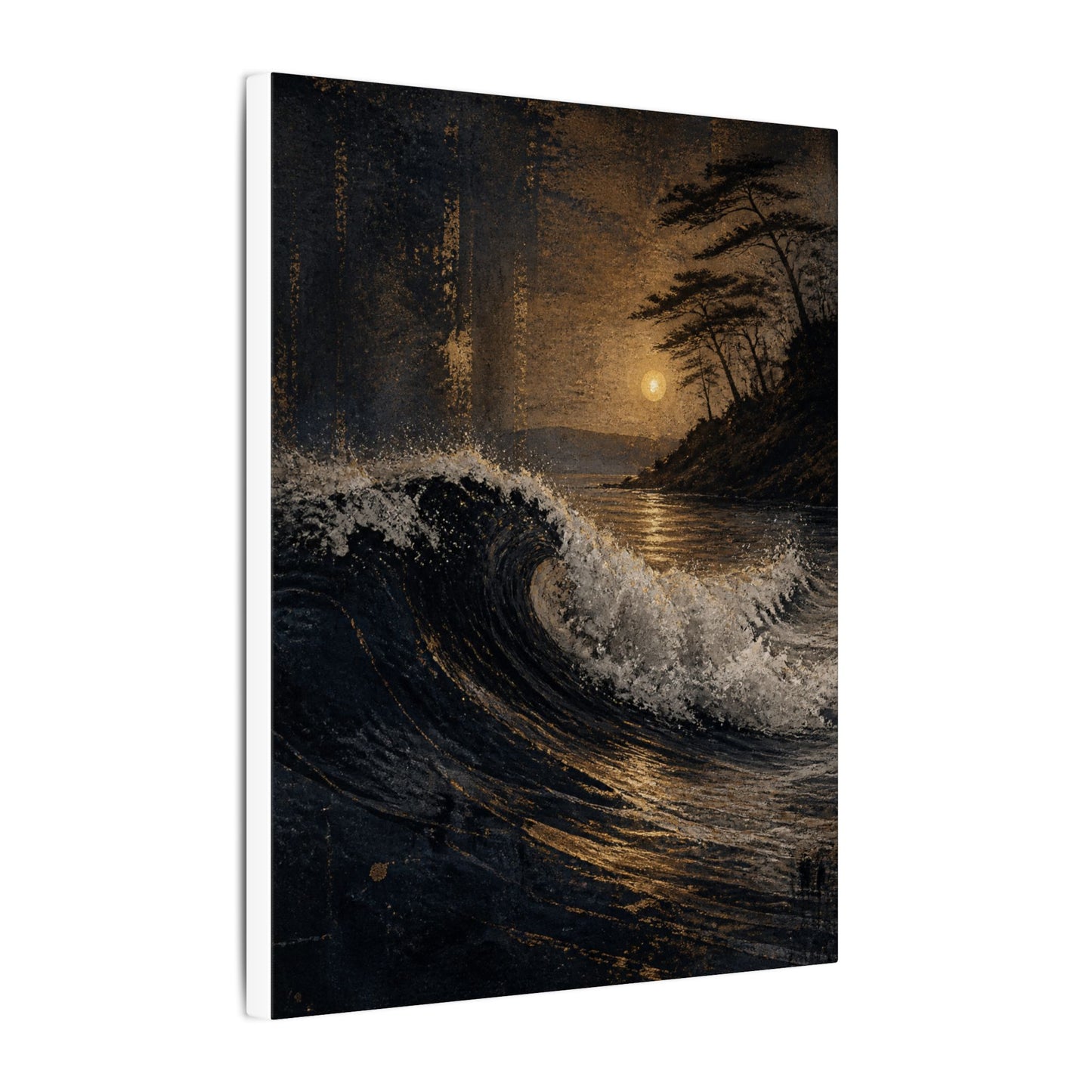Ocean Wave Dark Texture Canvas Art | Bold Dark Japandi Art
