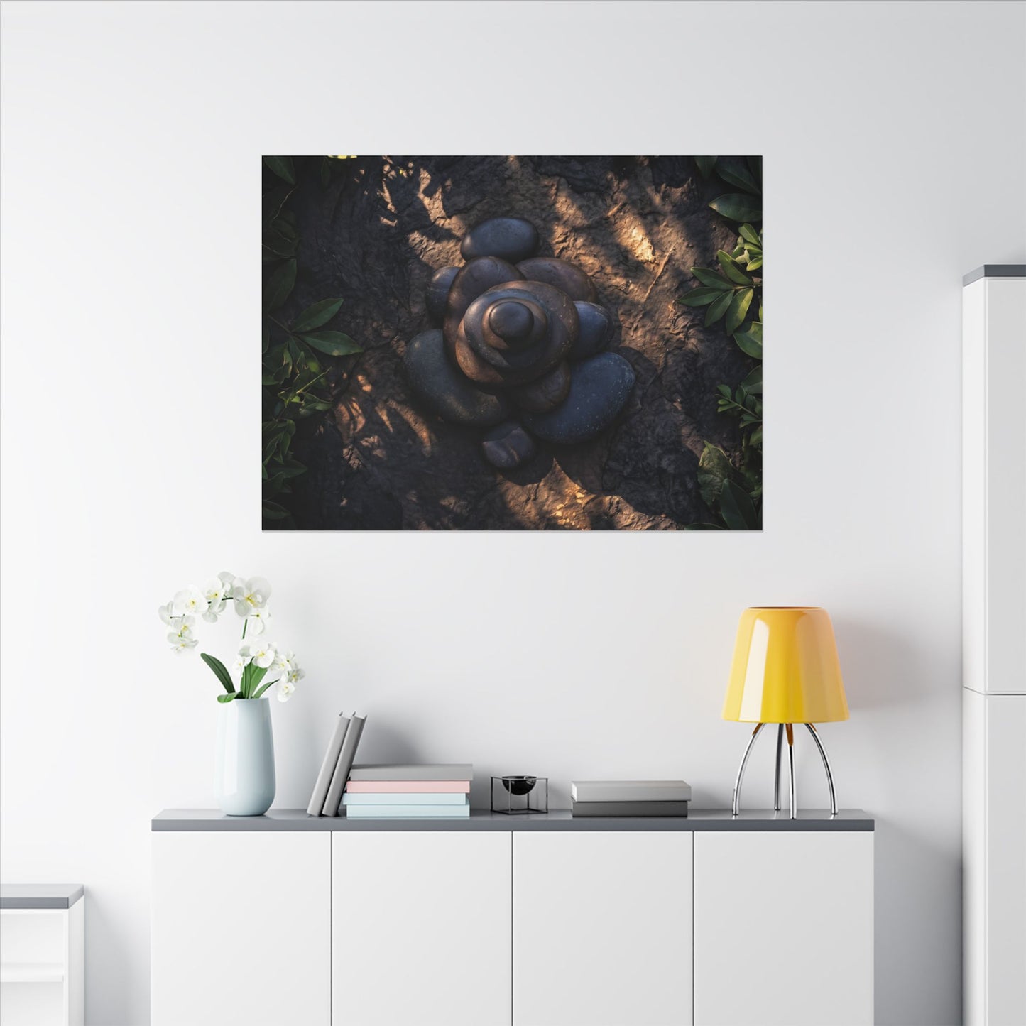 Ma River Stones Canvas Art - Dark Japandi Dark Texture