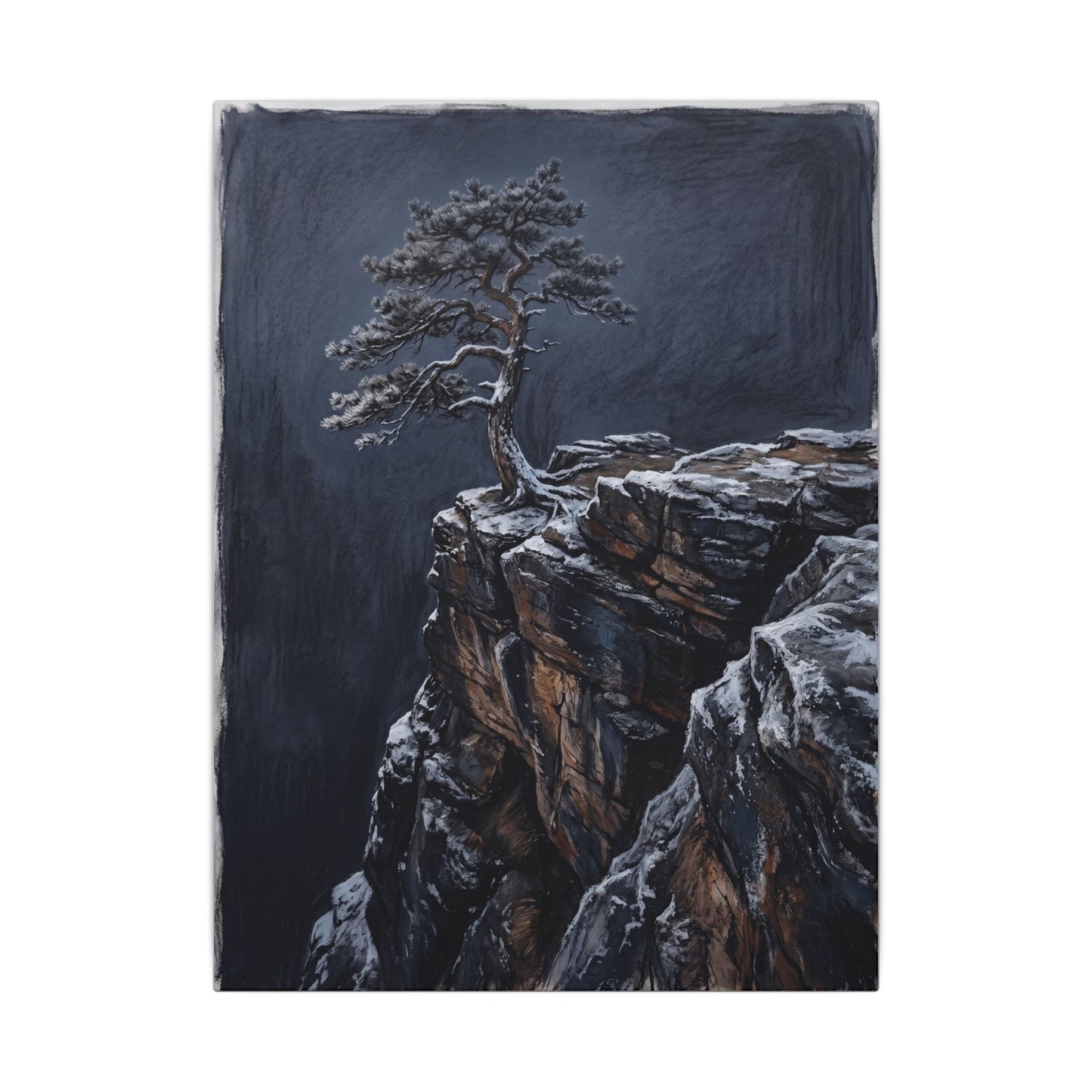 Dark Japandi Pine Tree in Dawn | Dark Texture Canvas Art