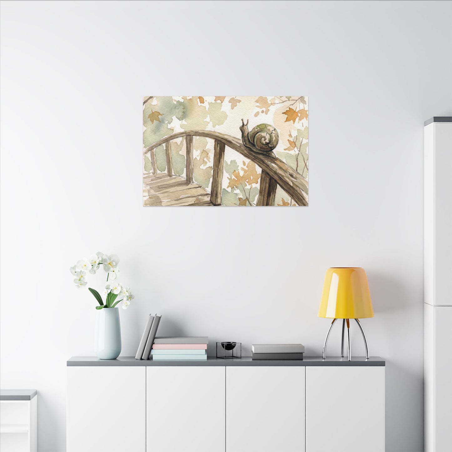 Wooden Bridge Canvas Art | Autumn Japandi Watercolor Art