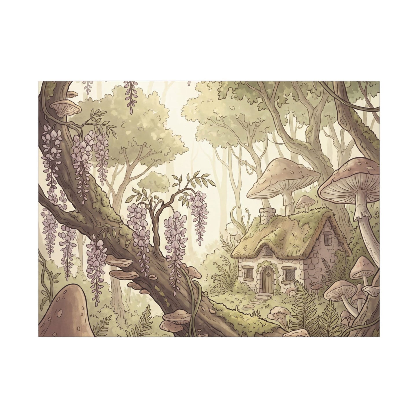 Summer Wisteria Mushroom Illustration Canvas Art | Enchanting Decor Art Print