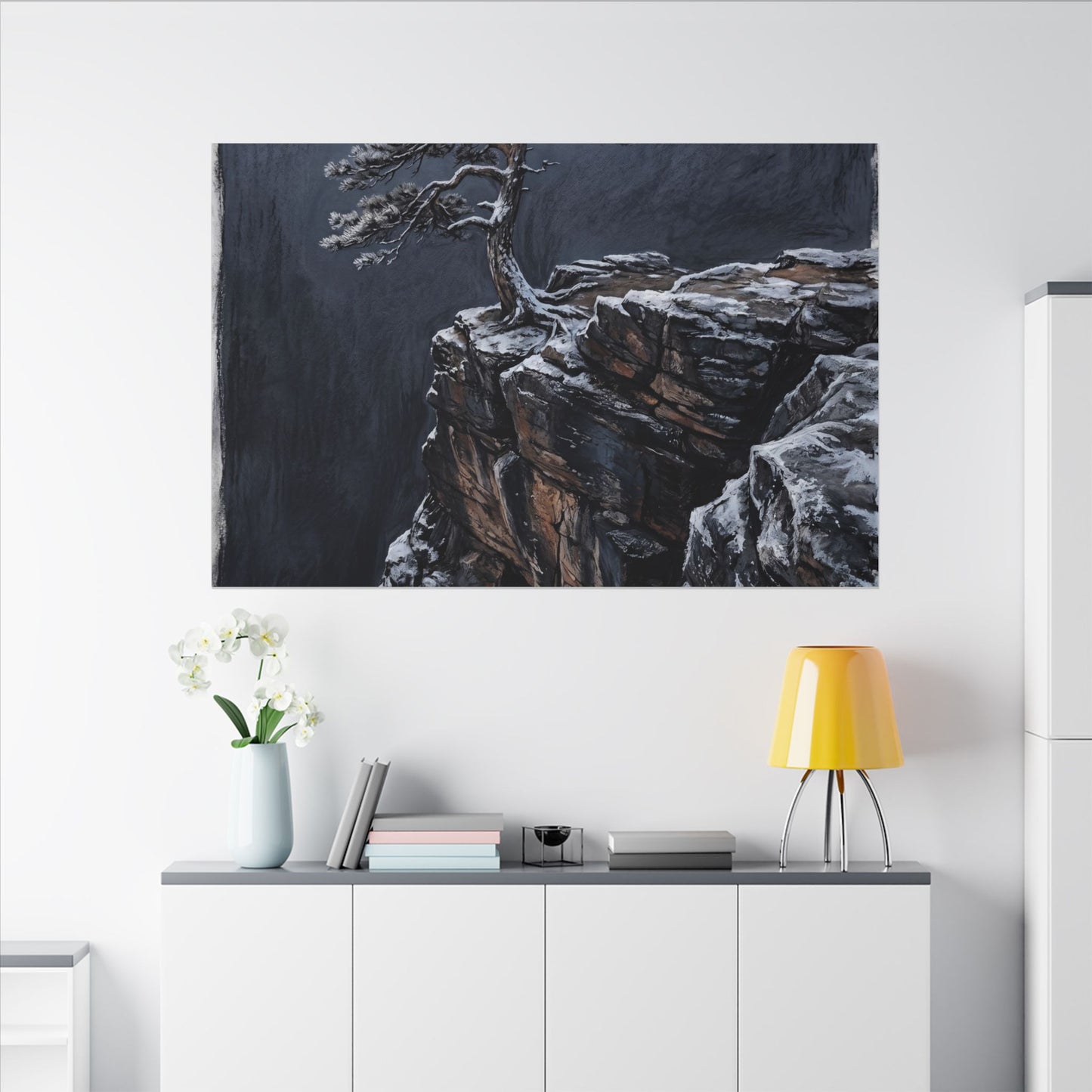 Dark Japandi Pine Tree in Dawn | Dark Texture Canvas Art
