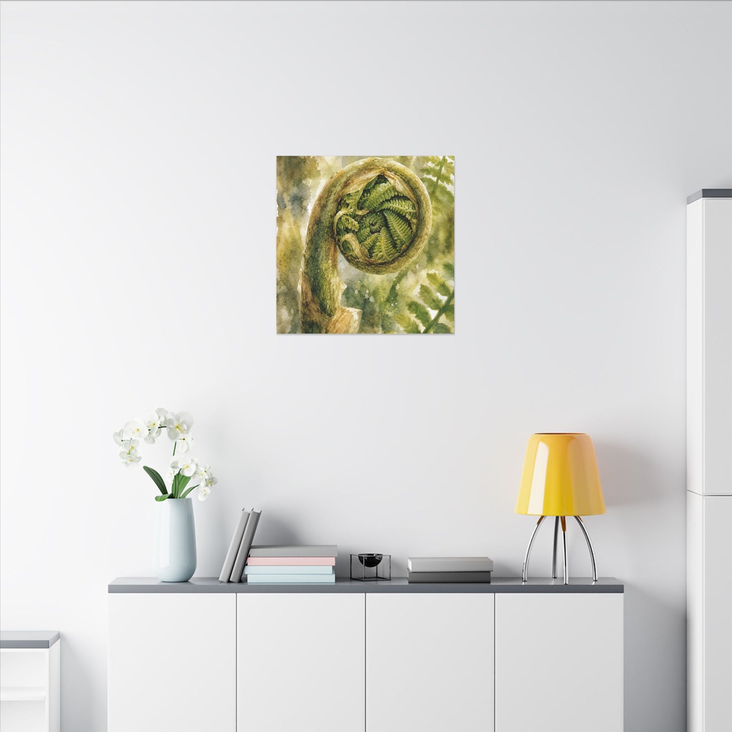 Japandi Fern Unfurling in Dappled | Watercolor Canvas Art