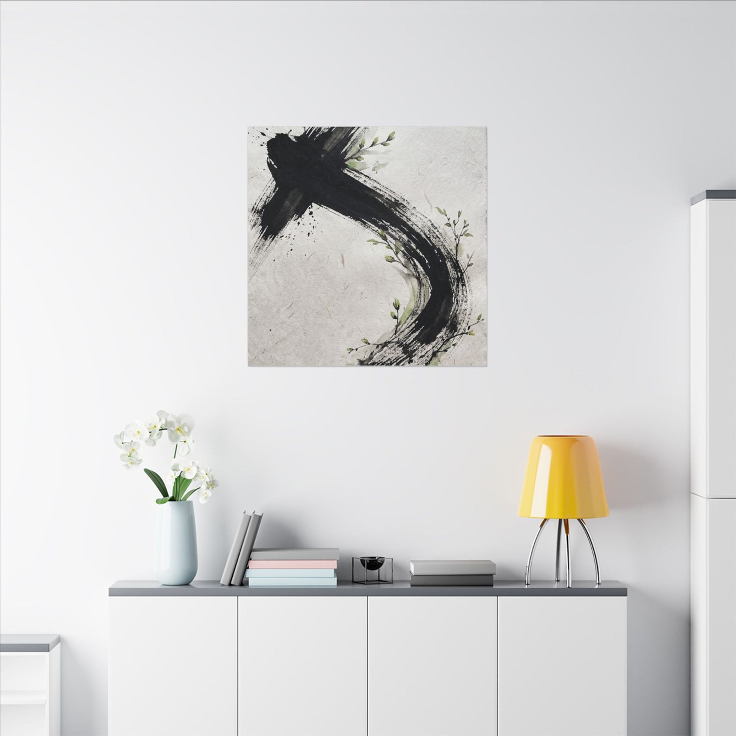 Ink Brushstroke Spring Canvas Art | Dark Japandi Sophisticated Design