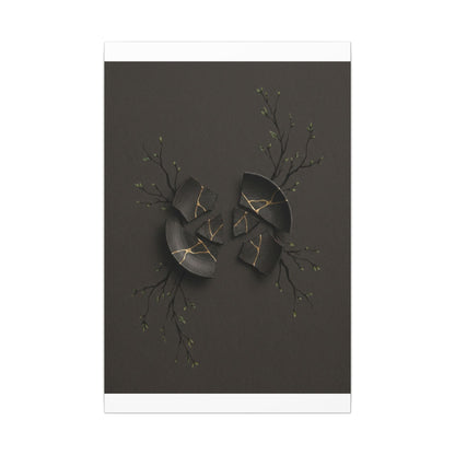 Sophisticated Broken Pottery Canvas Art - Charcoal Ink Dark Japandi