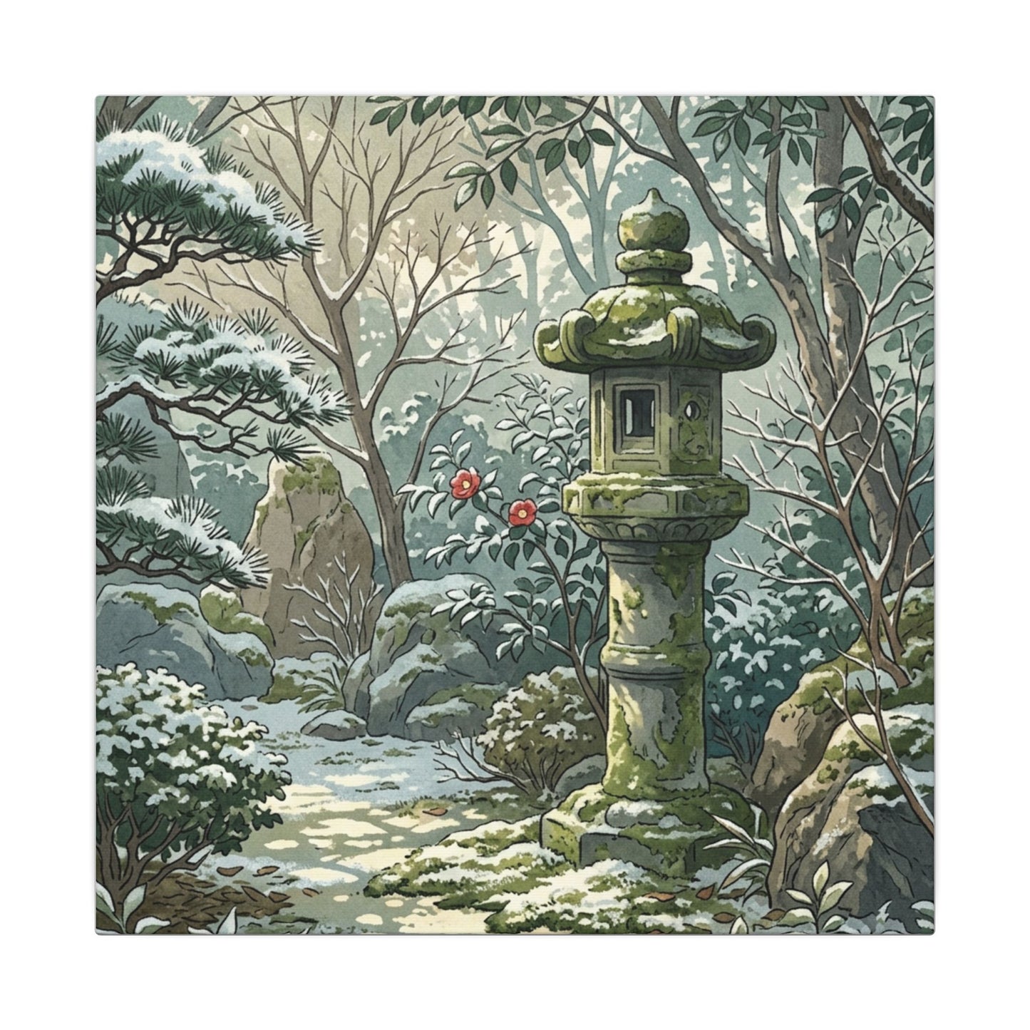 Stone Lantern Winter Canvas Art | Japandi Warm Design