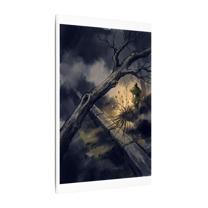 Dark Japandi Moonlit Garden in Golden Hour | Charcoal Ink Canvas Art