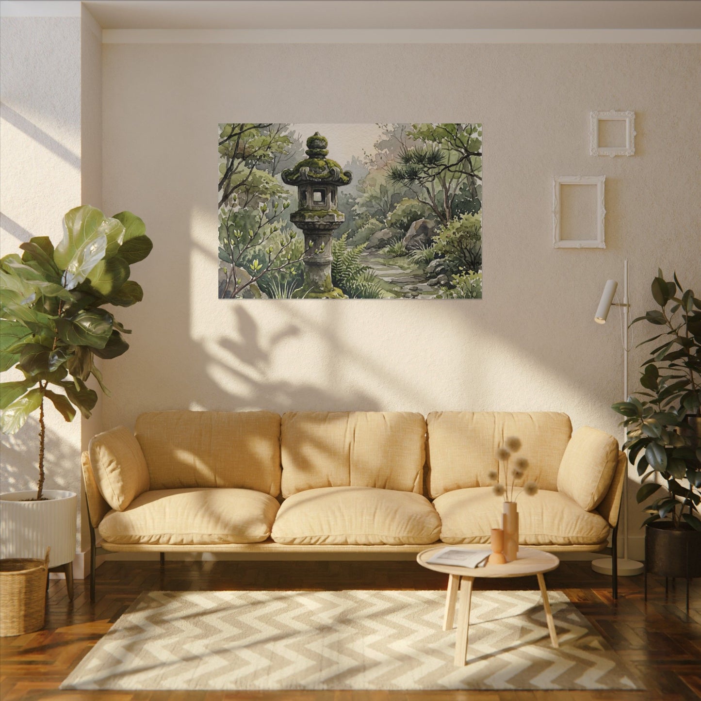 Neutral Stone Lantern Canvas Art - Watercolor Japandi