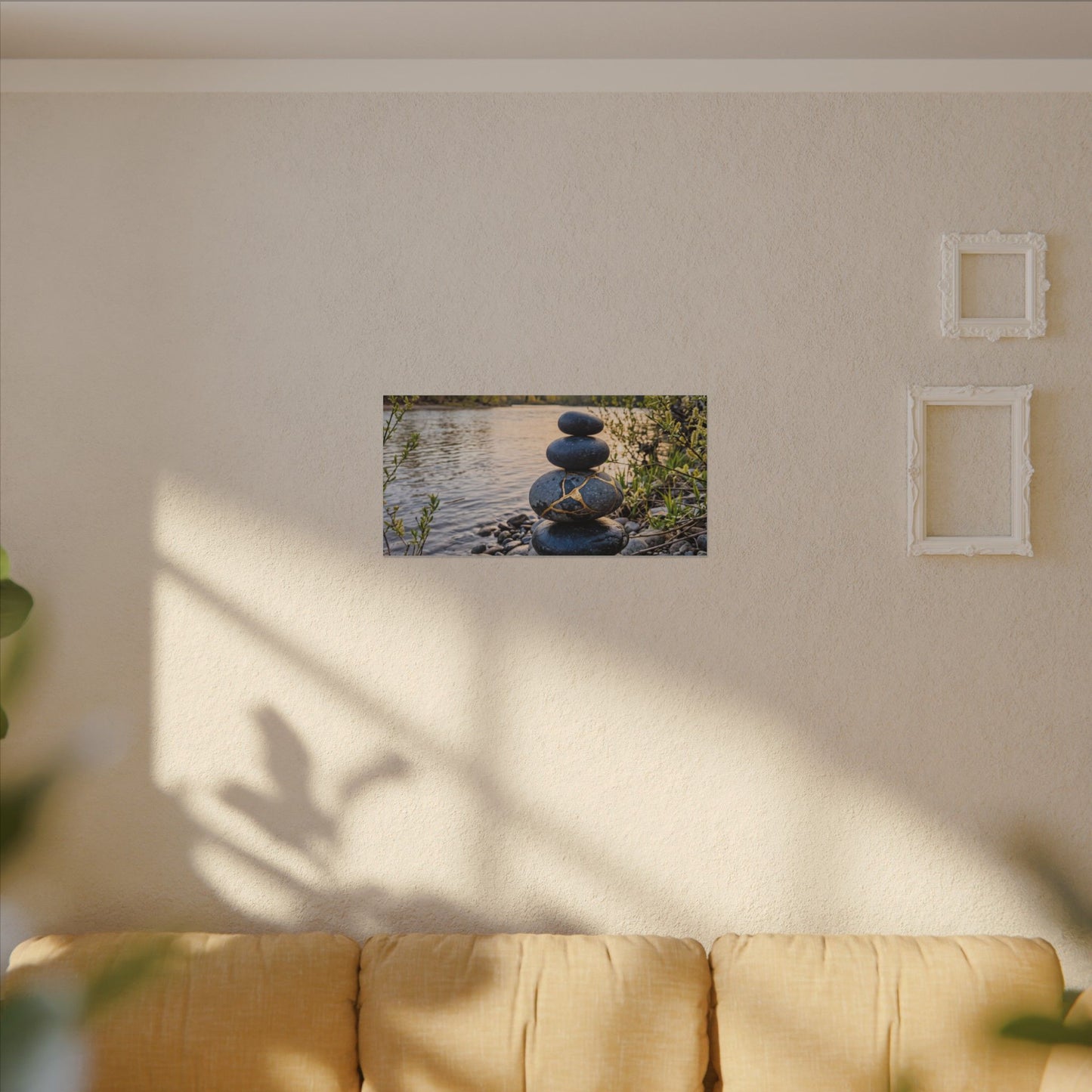 Kintsugi River Stones in Golden Hour | Gold Vein Canvas Art