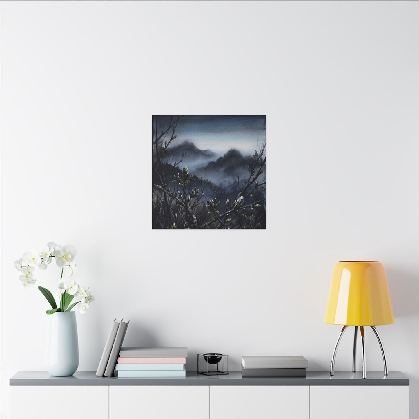 Mountain Mist Spring Canvas Art | Dark Japandi Atmospheric Design