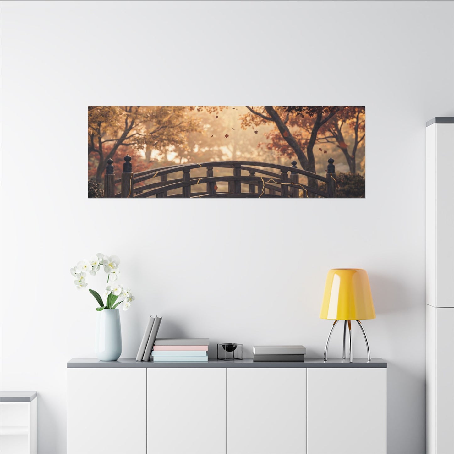 Autumn Wooden Bridge Gold Vein Canvas Art | Resilient Decor