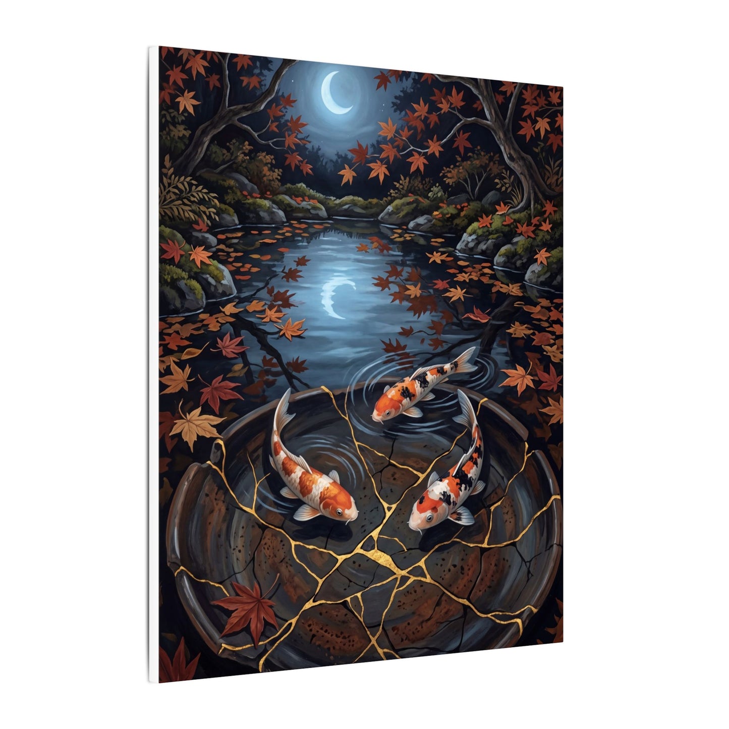 Koi Pond Canvas Art | Autumn Kintsugi Gold Repair Art