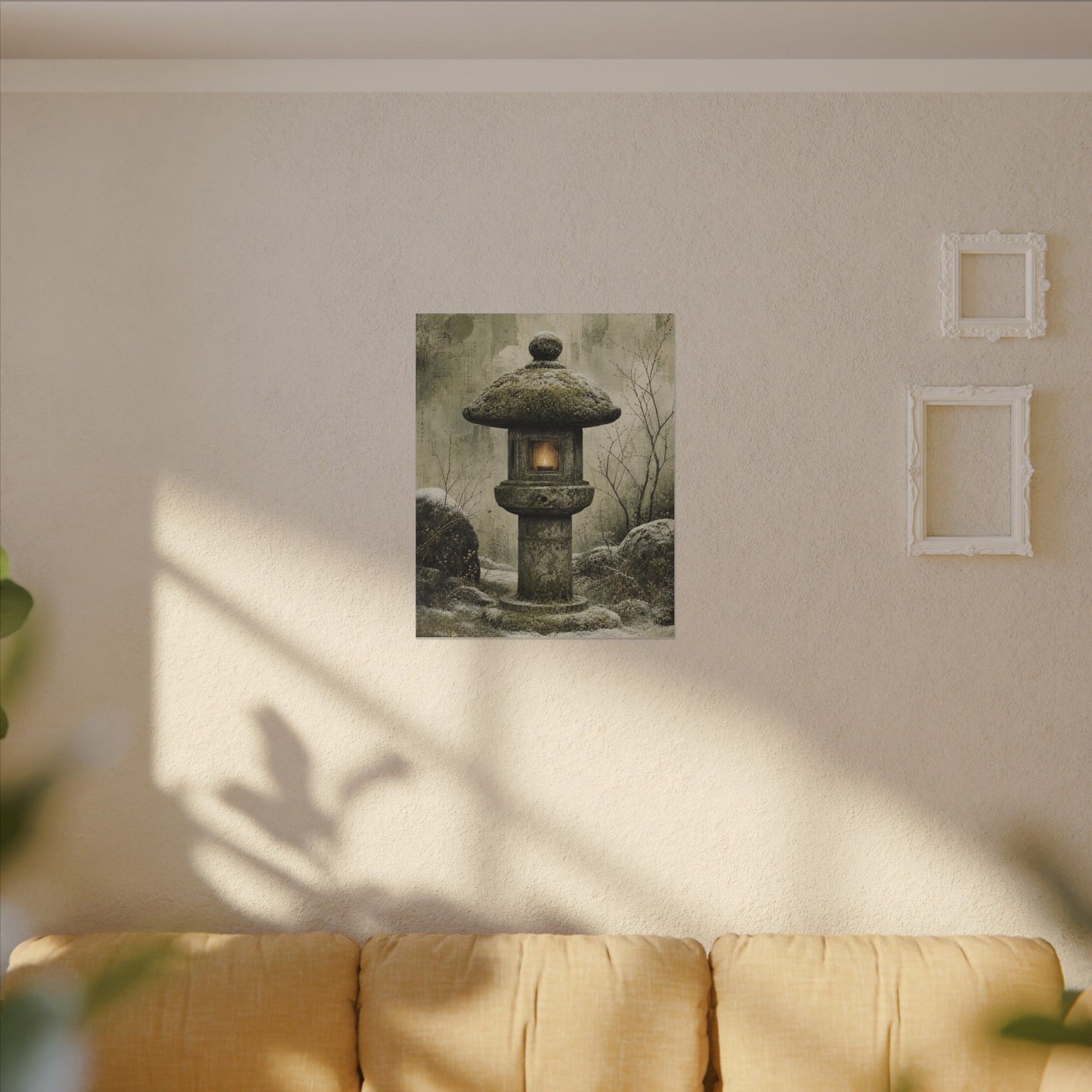 Stone Lantern Winter Canvas Art | Japandi Neutral Design