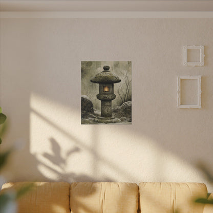 Stone Lantern Winter Canvas Art | Japandi Neutral Design