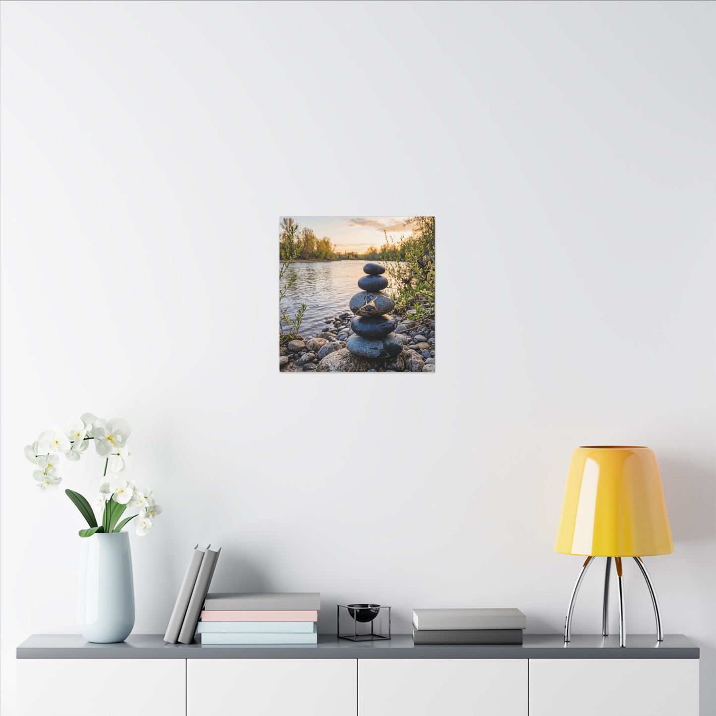 Kintsugi River Stones in Golden Hour | Gold Vein Canvas Art