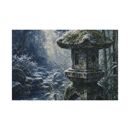 Zen Stone Lantern in Dappled | Sumi E Canvas Art