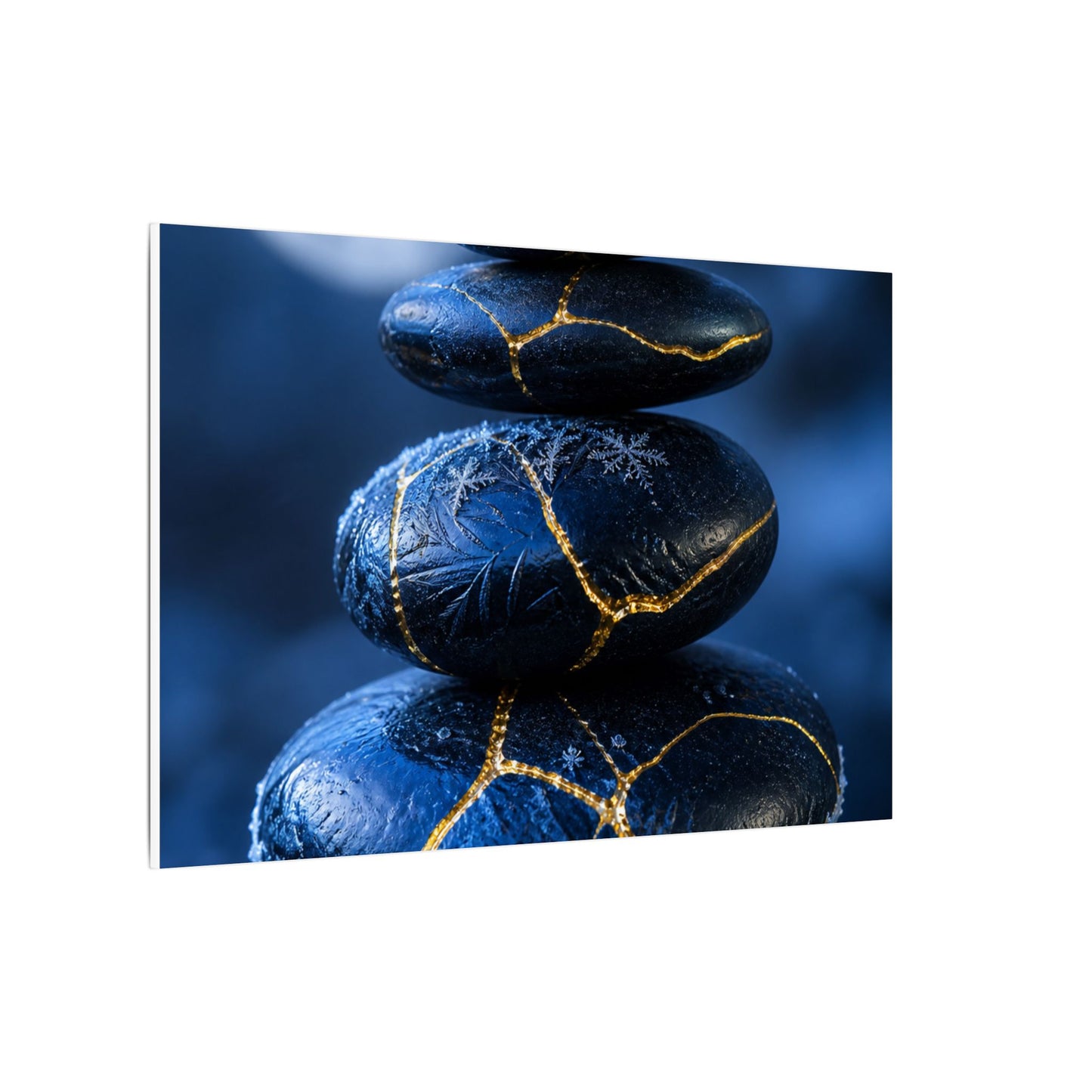 River Stones Canvas Art | Winter Kintsugi Gold Repair Art