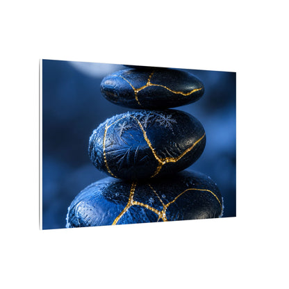 River Stones Canvas Art | Winter Kintsugi Gold Repair Art