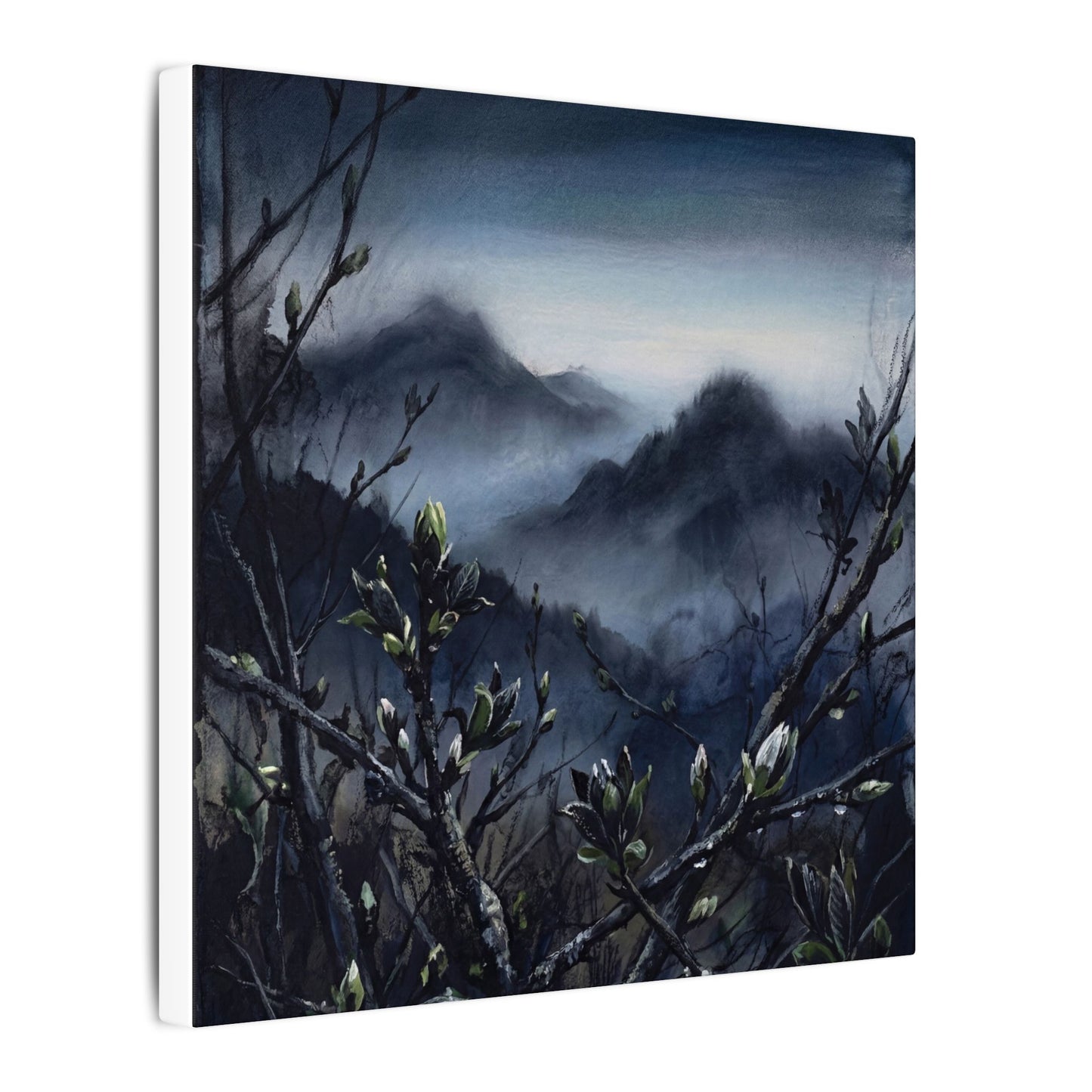 Mountain Mist Spring Canvas Art | Dark Japandi Atmospheric Design