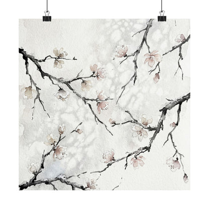 Winter Cherry Blossom Watercolor Wall Art Print | Elegant Decor