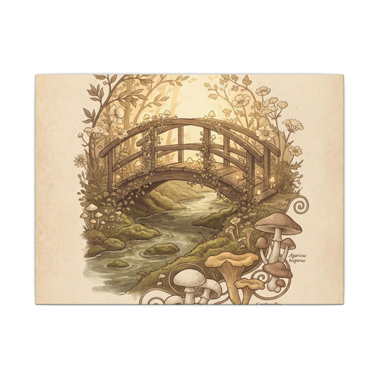 Wooden Bridge Canvas Art | Summer Cottagecore Mushroom Illustration Art