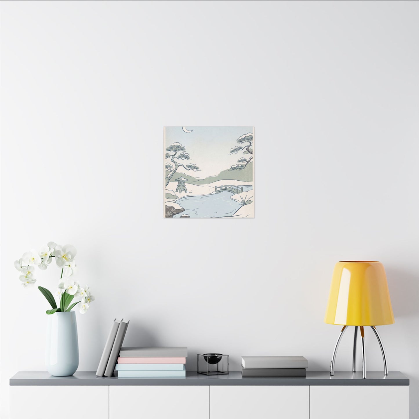 Japandi Moonlit Garden in Moonlight | Minimal Line Canvas Art